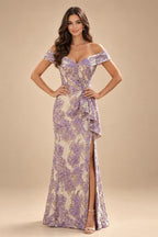Sheath Floral Jacquard Off Shoulder Mother of the Bride & Groom Dresses with Flower (SHI22500777)