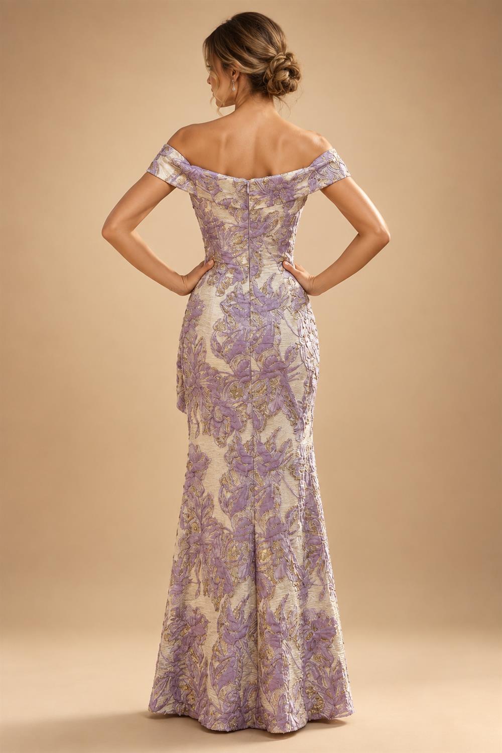 Sheath Floral Jacquard Off Shoulder Mother of the Bride & Groom Dresses with Flower (SHI22500777)