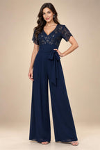 Jumpsuit V Neck Half Sleeve Long Sparkling Mother of the Bride Dresses with Belt (SHI22500201)