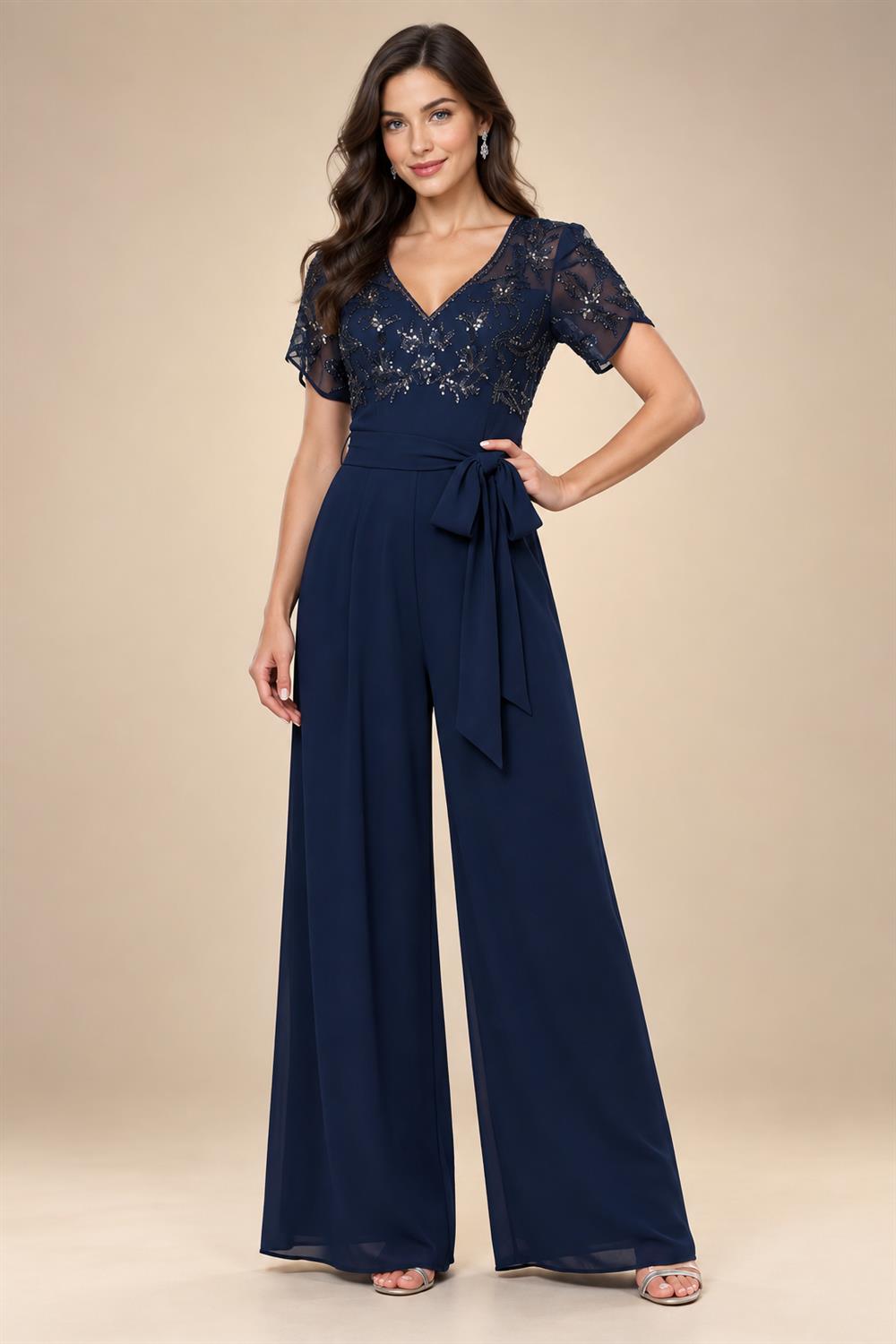 Jumpsuit V Neck Half Sleeve Long Sparkling Mother of the Bride Dresses with Belt (SHI22500201)