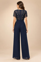 Jumpsuit V Neck Half Sleeve Long Sparkling Mother of the Bride Dresses with Belt (SHI22500201)