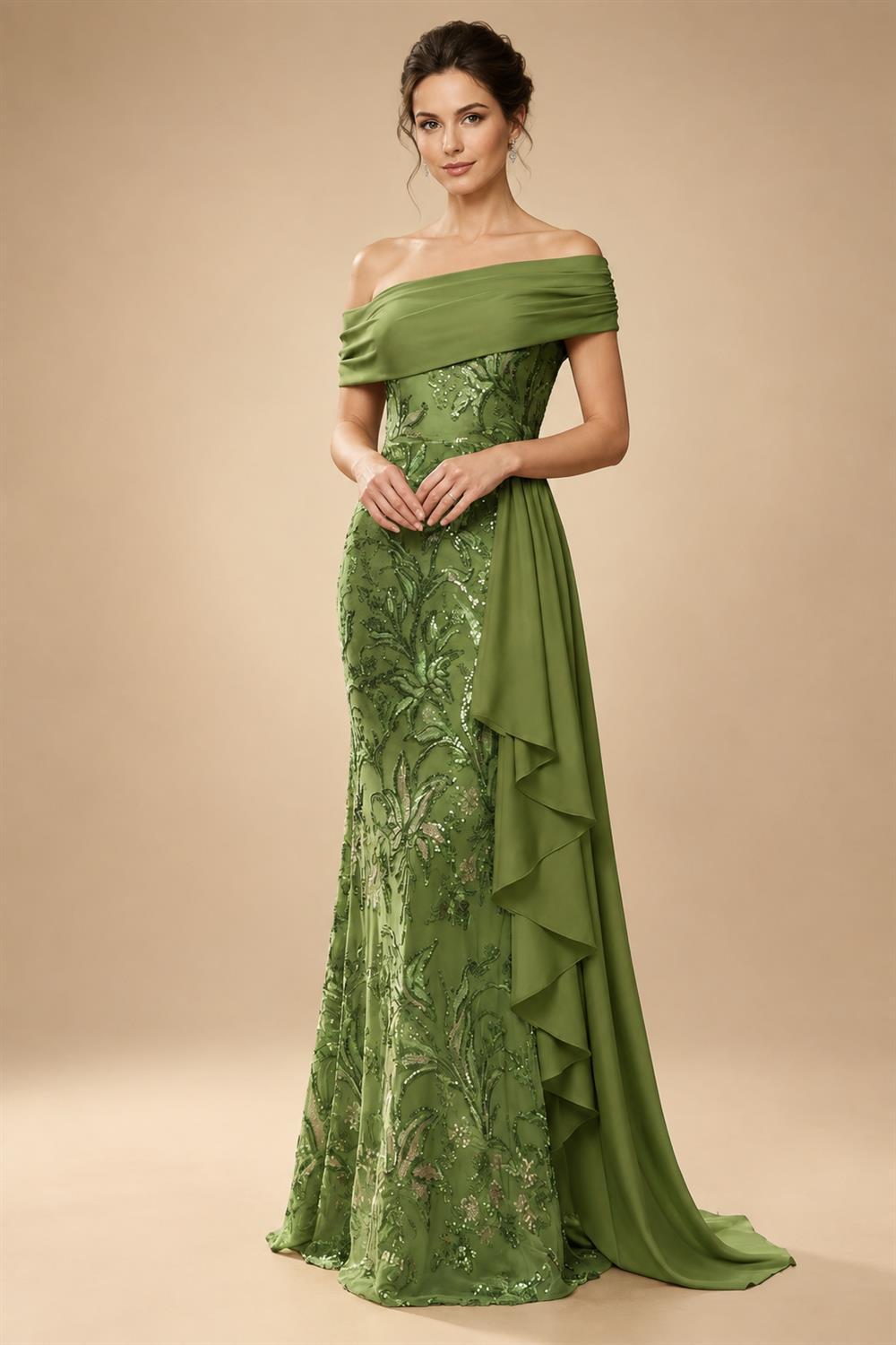 Cape Sleeve Jacquard Satin Ruched Mother of the Bride Dresses (SHI22500526)