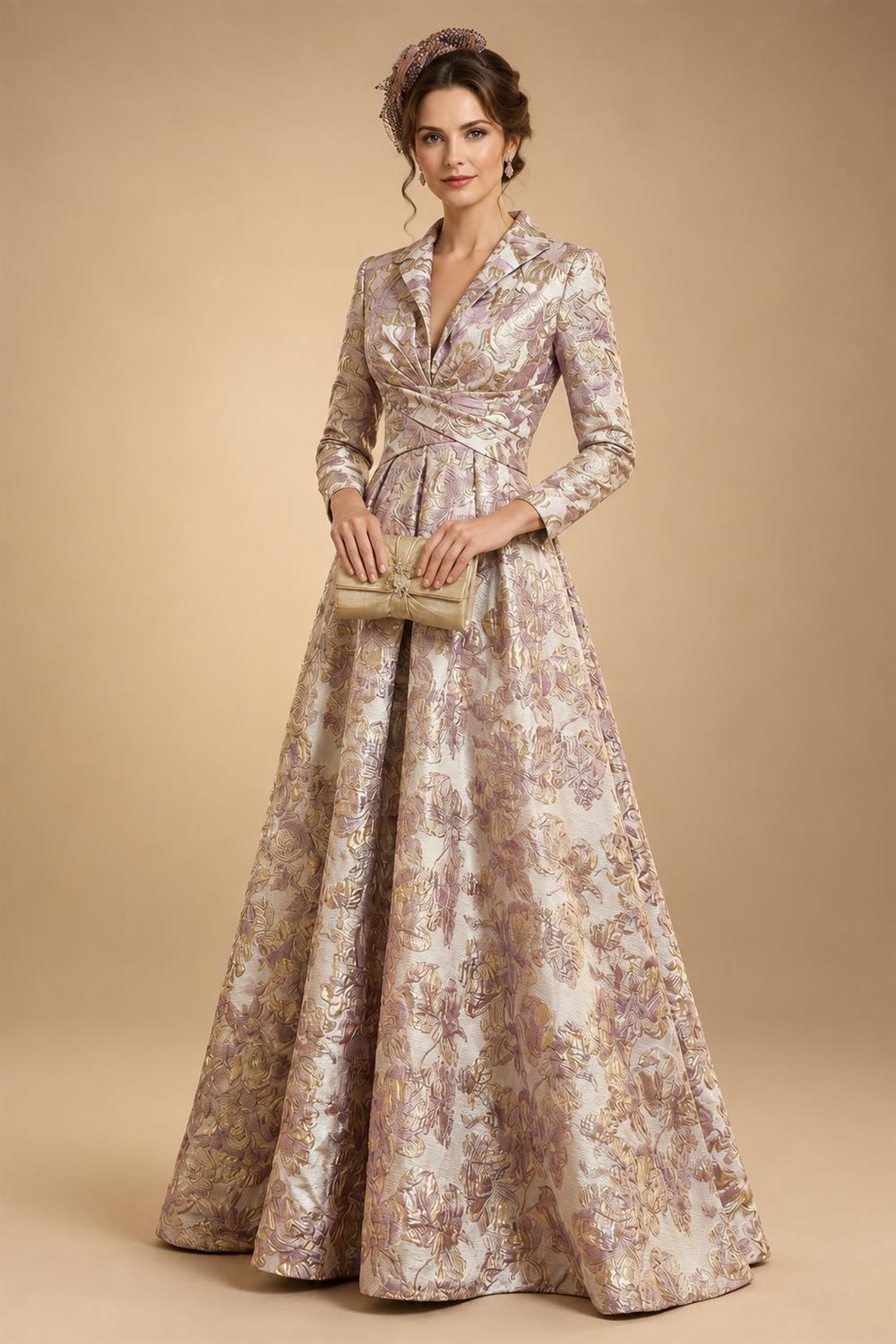 Jacquard A-Line/Princess V-Neck Floor-Length Mother of the Bride & Groom Dresses with Ruched Waist & Pockets (SHI22501298)