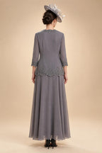 2-Piece A-Line Chiffon 3/4 Sleeves Mother of the Bride & Groom Dresses with Scalloped V-Neck Lace Bodice (SHI22500637)
