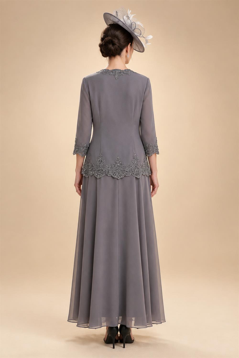 2-Piece A-Line Chiffon 3/4 Sleeves Mother of the Bride & Groom Dresses with Scalloped V-Neck Lace Bodice (SHI22500637)