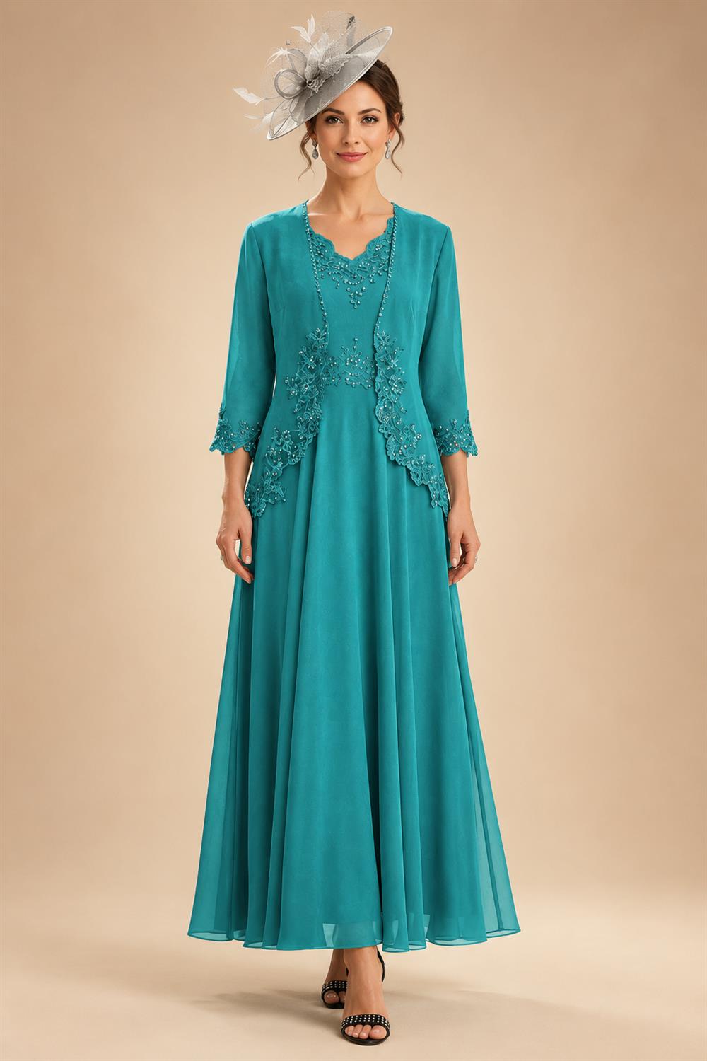 2-Piece A-Line Chiffon 3/4 Sleeves Mother of the Bride & Groom Dresses with Scalloped V-Neck Lace Bodice (SHI22500637)