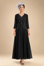 2-Piece A-Line Chiffon 3/4 Sleeves Mother of the Bride & Groom Dresses with Scalloped V-Neck Lace Bodice (SHI22500637)