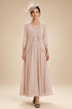 2-Piece A-Line Chiffon 3/4 Sleeves Mother of the Bride & Groom Dresses with Scalloped V-Neck Lace Bodice (SHI22500637)