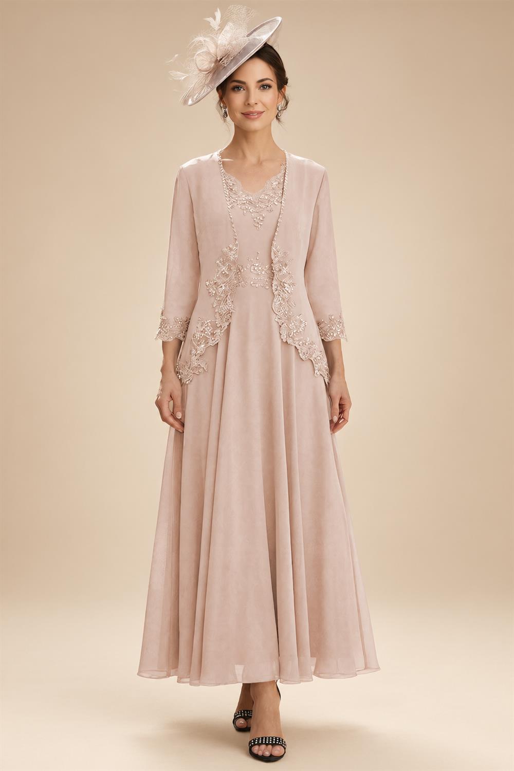 2-Piece A-Line Chiffon 3/4 Sleeves Mother of the Bride & Groom Dresses with Scalloped V-Neck Lace Bodice (SHI22500637)