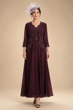 2-Piece A-Line Chiffon 3/4 Sleeves Mother of the Bride & Groom Dresses with Scalloped V-Neck Lace Bodice (SHI22500637)