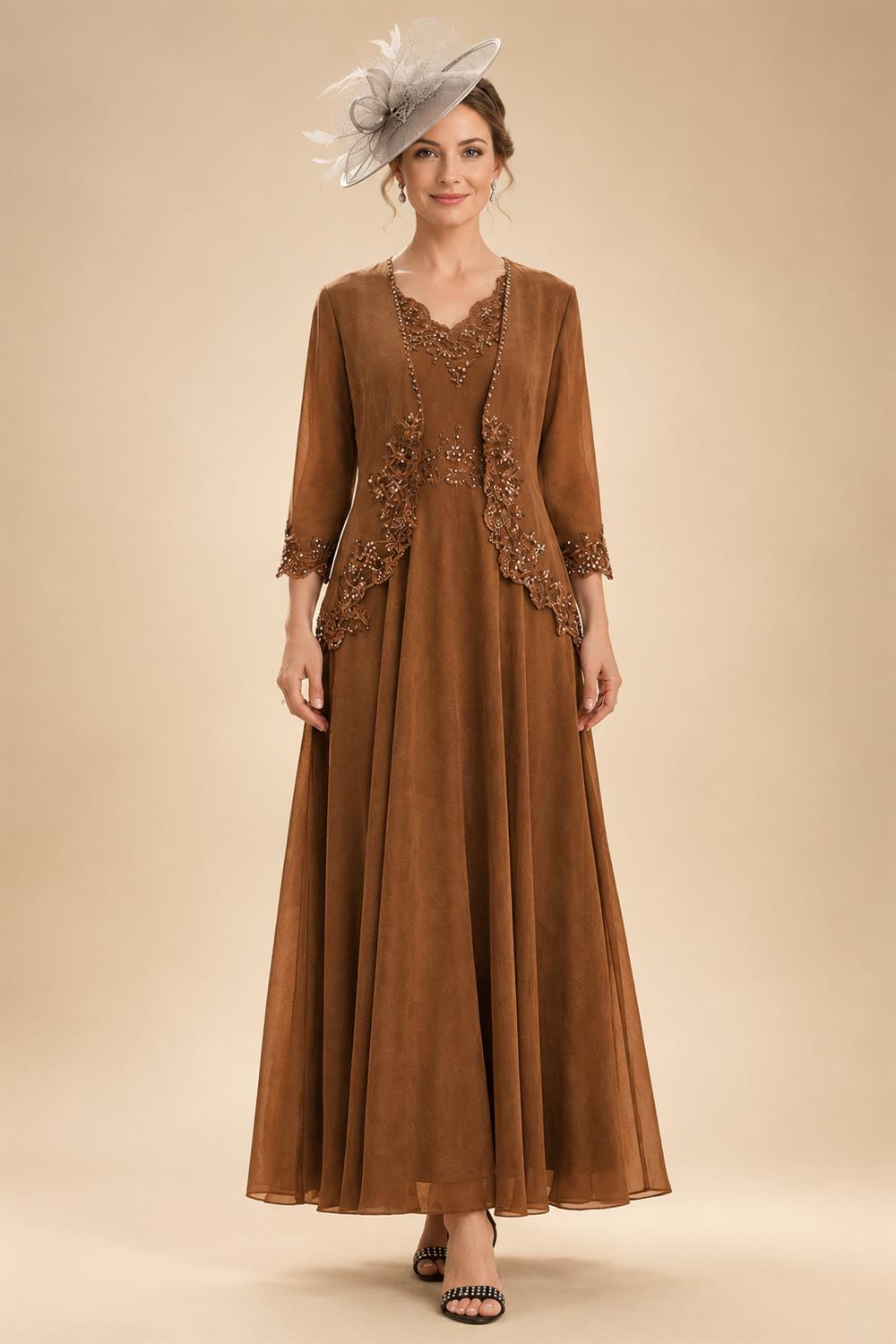 2-Piece A-Line Chiffon 3/4 Sleeves Mother of the Bride & Groom Dresses with Scalloped V-Neck Lace Bodice (SHI22500637)