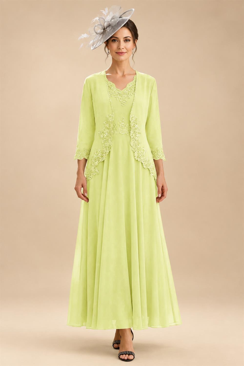 2-Piece A-Line Chiffon 3/4 Sleeves Mother of the Bride & Groom Dresses with Scalloped V-Neck Lace Bodice (SHI22500637)
