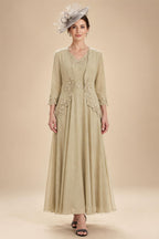 2-Piece A-Line Chiffon 3/4 Sleeves Mother of the Bride & Groom Dresses with Scalloped V-Neck Lace Bodice (SHI22500637)