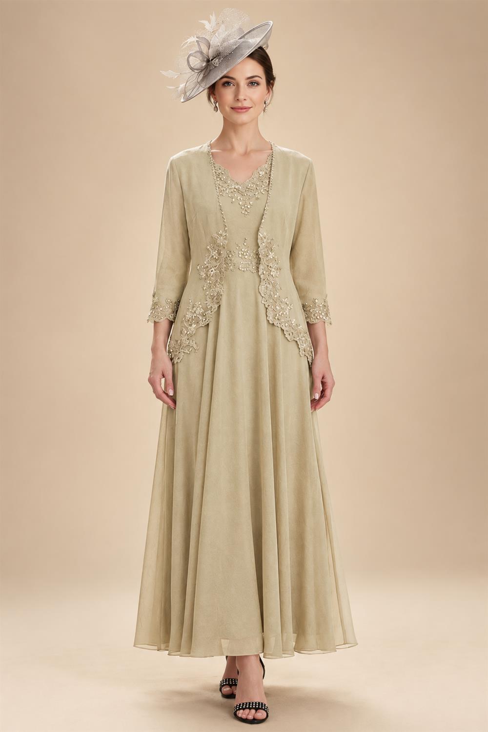 2-Piece A-Line Chiffon 3/4 Sleeves Mother of the Bride & Groom Dresses with Scalloped V-Neck Lace Bodice (SHI22500637)