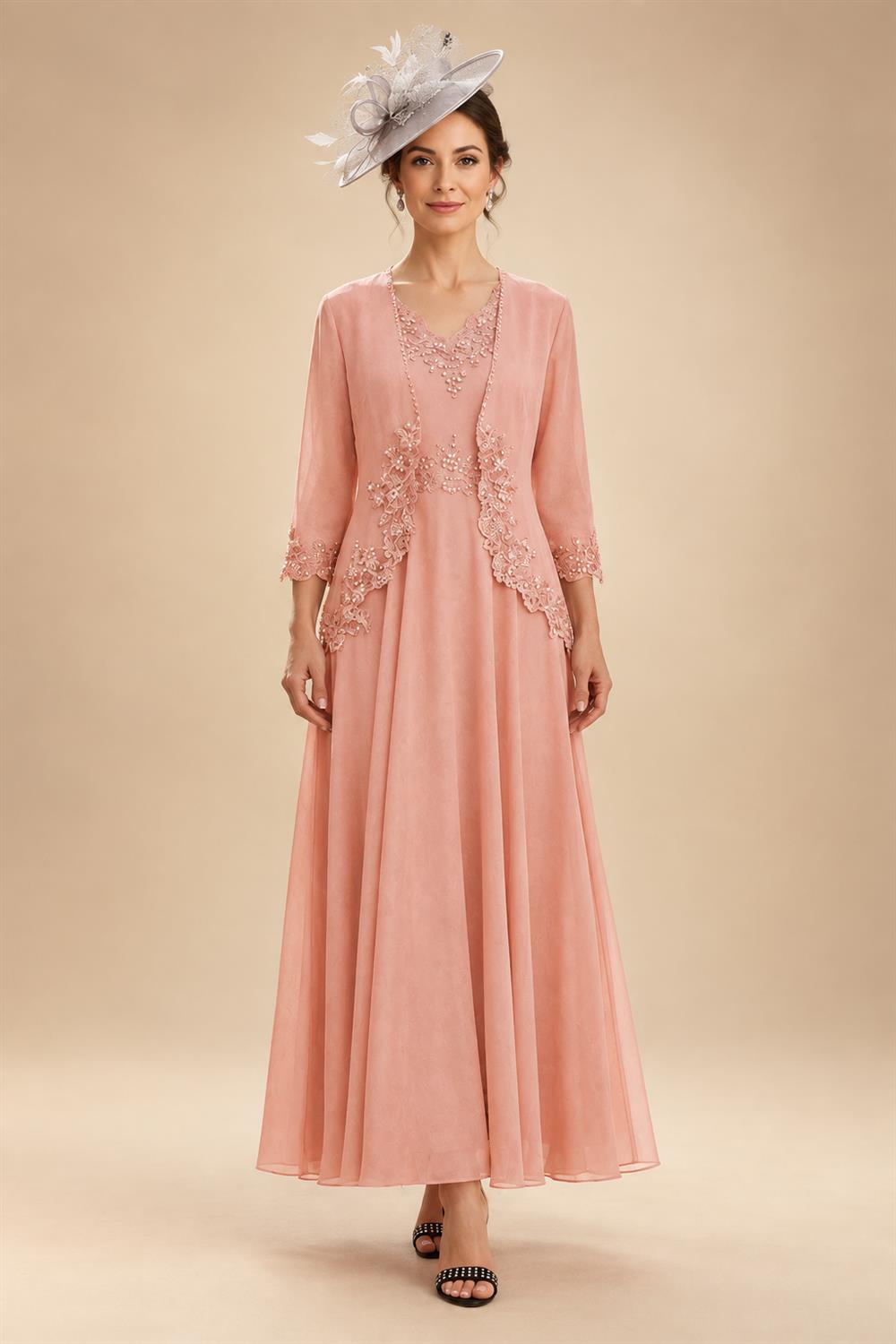 2-Piece A-Line Chiffon 3/4 Sleeves Mother of the Bride & Groom Dresses with Scalloped V-Neck Lace Bodice (SHI22500637)