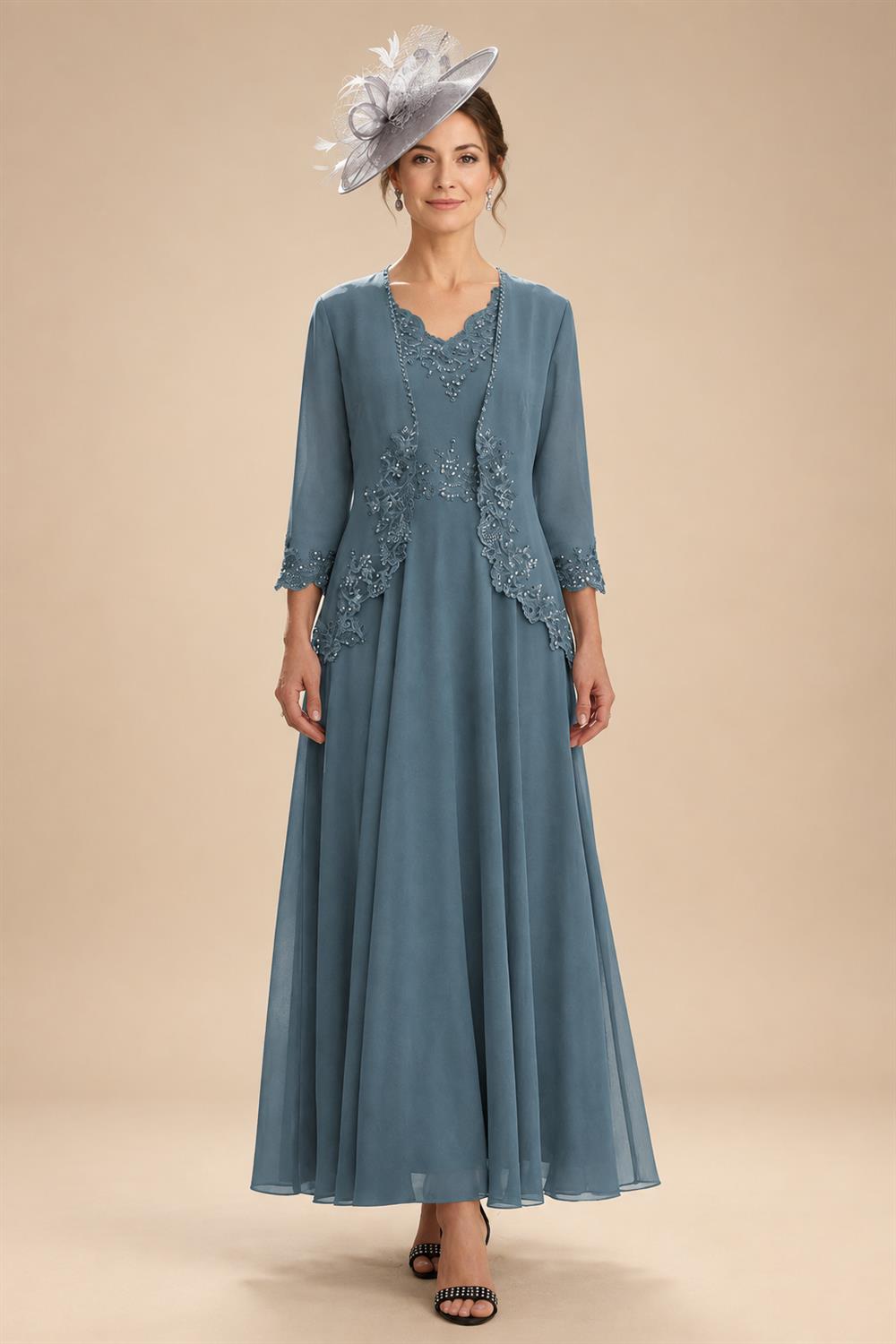 2-Piece A-Line Chiffon 3/4 Sleeves Mother of the Bride & Groom Dresses with Scalloped V-Neck Lace Bodice (SHI22500637)