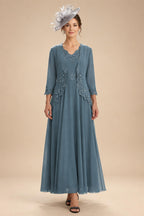 2-Piece A-Line Chiffon 3/4 Sleeves Mother of the Bride & Groom Dresses with Scalloped V-Neck Lace Bodice (SHI22500637)