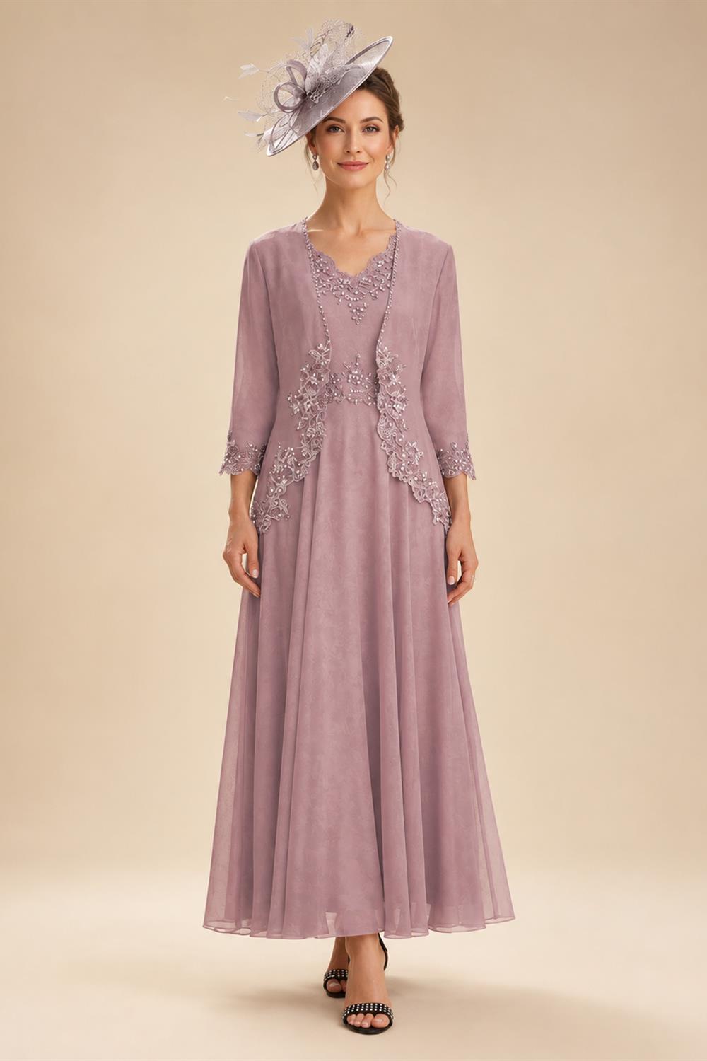 2-Piece A-Line Chiffon 3/4 Sleeves Mother of the Bride & Groom Dresses with Scalloped V-Neck Lace Bodice (SHI22500637)