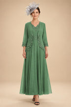 2-Piece A-Line Chiffon 3/4 Sleeves Mother of the Bride & Groom Dresses with Scalloped V-Neck Lace Bodice (SHI22500637)
