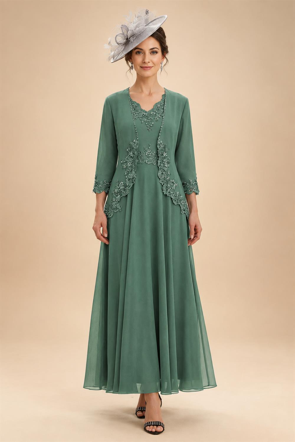 2-Piece A-Line Chiffon 3/4 Sleeves Mother of the Bride & Groom Dresses with Scalloped V-Neck Lace Bodice (SHI22500637)