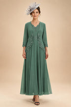 2-Piece A-Line Chiffon 3/4 Sleeves Mother of the Bride & Groom Dresses with Scalloped V-Neck Lace Bodice (SHI22500637)