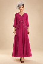 2-Piece A-Line Chiffon 3/4 Sleeves Mother of the Bride & Groom Dresses with Scalloped V-Neck Lace Bodice (SHI22500637)