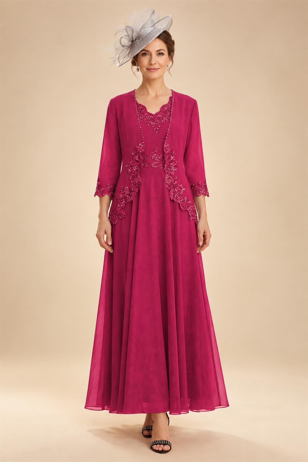 2-Piece A-Line Chiffon 3/4 Sleeves Mother of the Bride & Groom Dresses with Scalloped V-Neck Lace Bodice (SHI22500637)