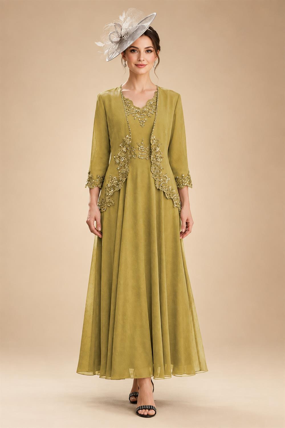 2-Piece A-Line Chiffon 3/4 Sleeves Mother of the Bride & Groom Dresses with Scalloped V-Neck Lace Bodice (SHI22500637)