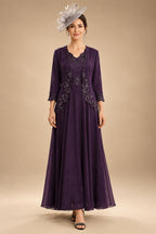 2-Piece A-Line Chiffon 3/4 Sleeves Mother of the Bride & Groom Dresses with Scalloped V-Neck Lace Bodice (SHI22500637)