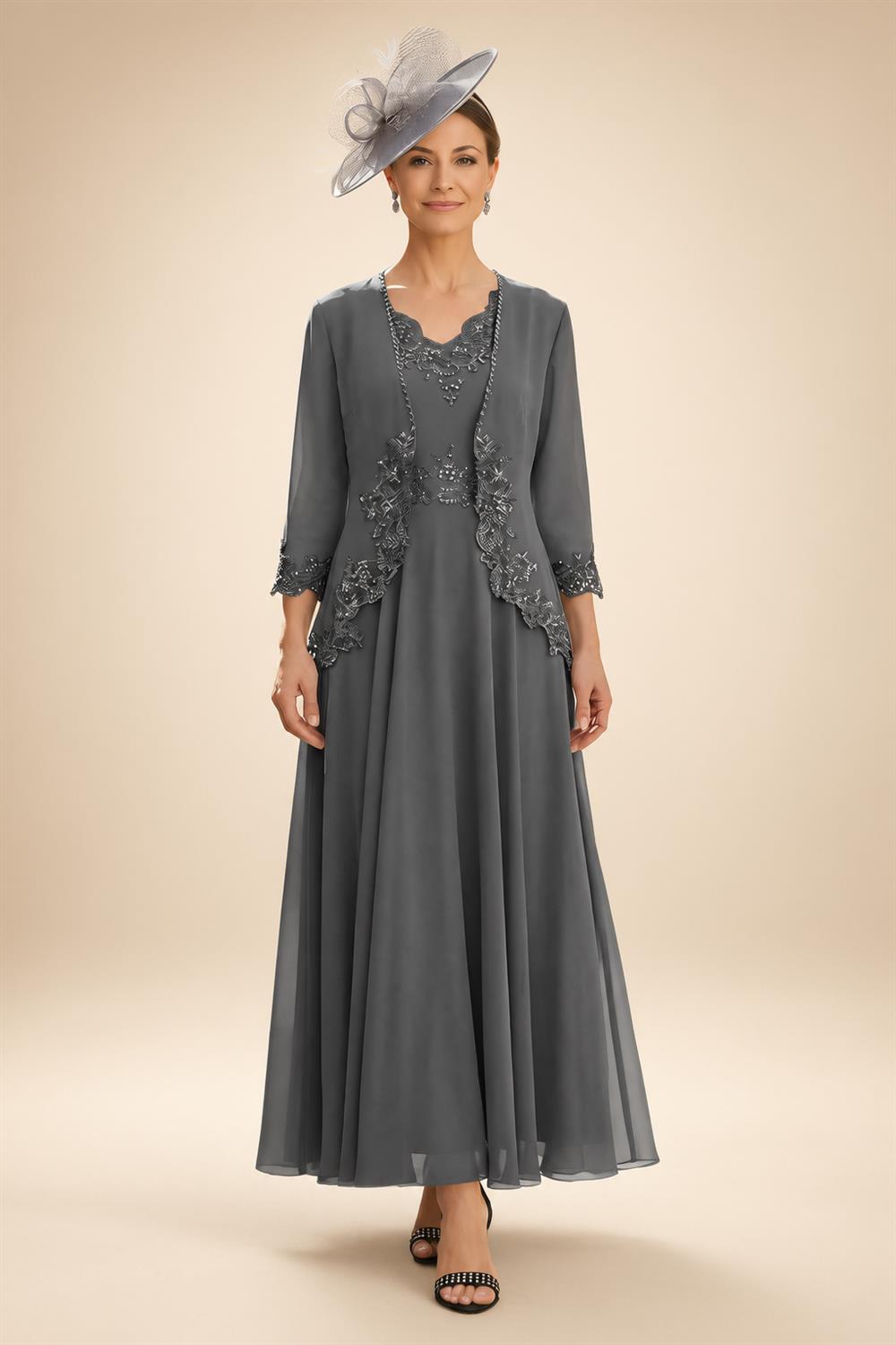 2-Piece A-Line Chiffon 3/4 Sleeves Mother of the Bride & Groom Dresses with Scalloped V-Neck Lace Bodice (SHI22500637)
