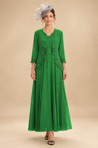 2-Piece A-Line Chiffon 3/4 Sleeves Mother of the Bride & Groom Dresses with Scalloped V-Neck Lace Bodice (SHI22500637)