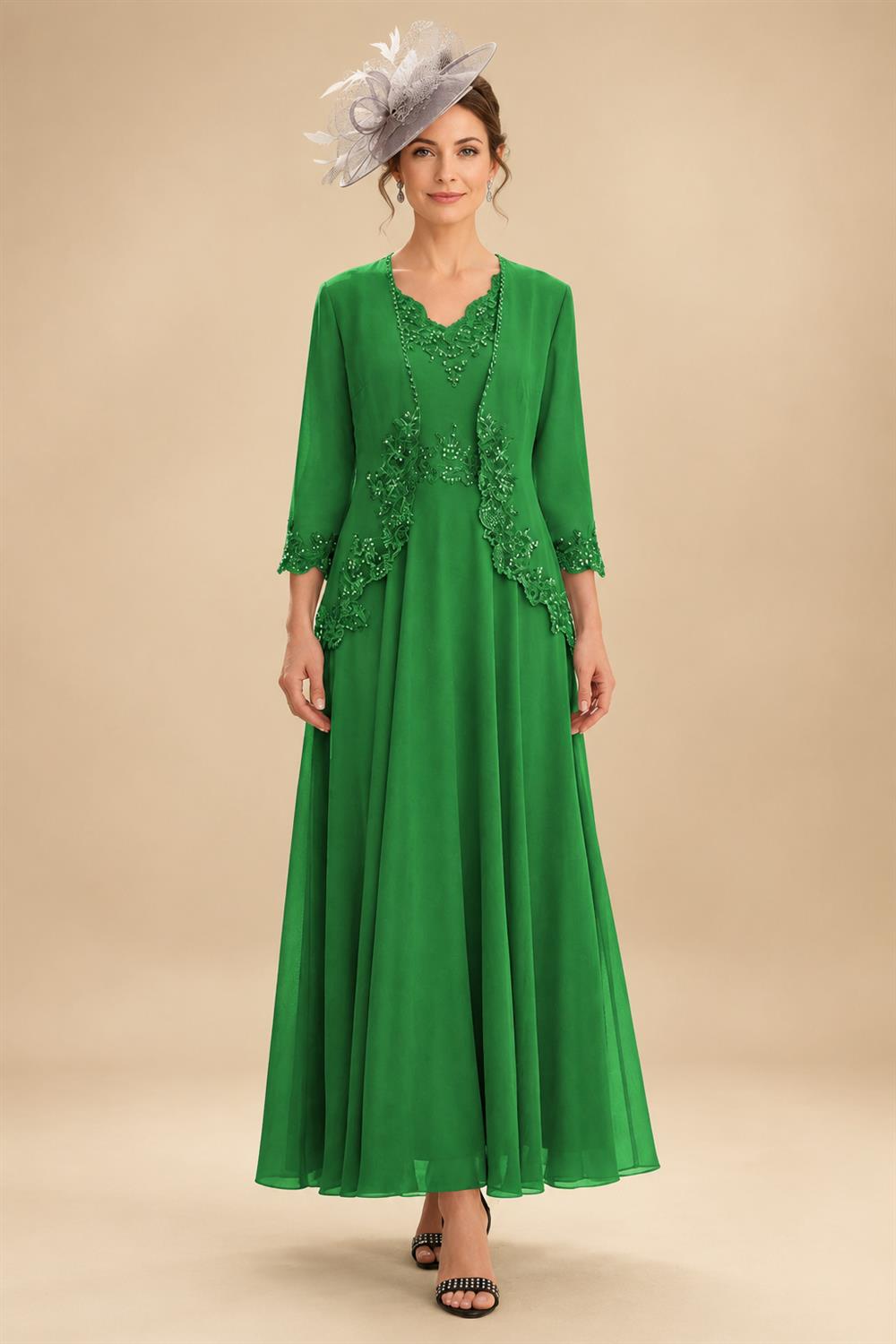 2-Piece A-Line Chiffon 3/4 Sleeves Mother of the Bride & Groom Dresses with Scalloped V-Neck Lace Bodice (SHI22500637)