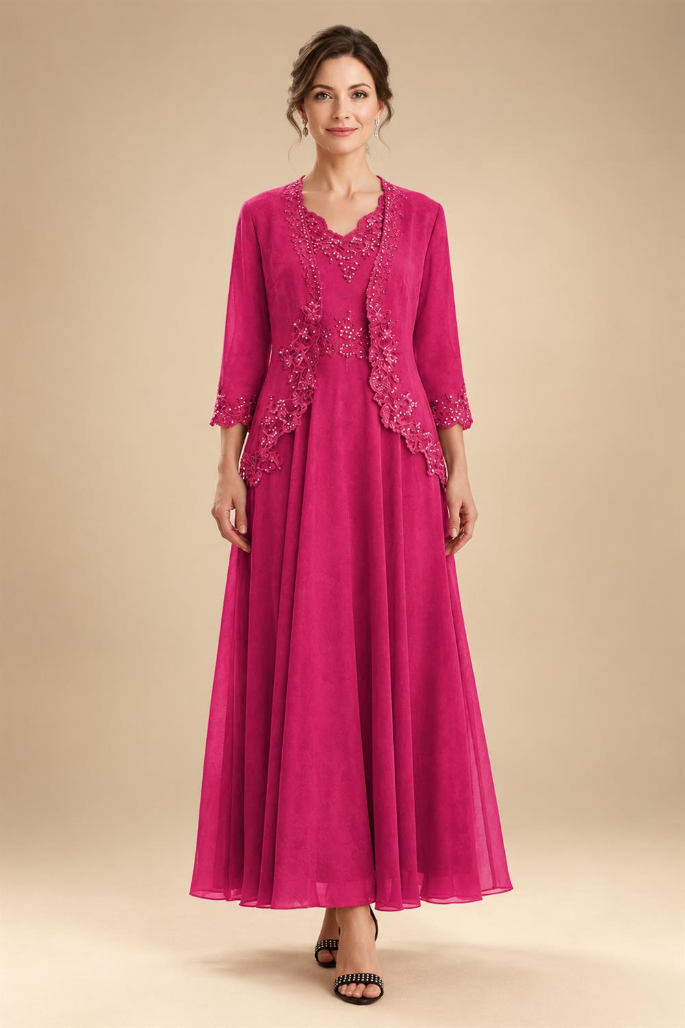 2-Piece A-Line Chiffon 3/4 Sleeves Mother of the Bride & Groom Dresses with Scalloped V-Neck Lace Bodice (SHI22500637)