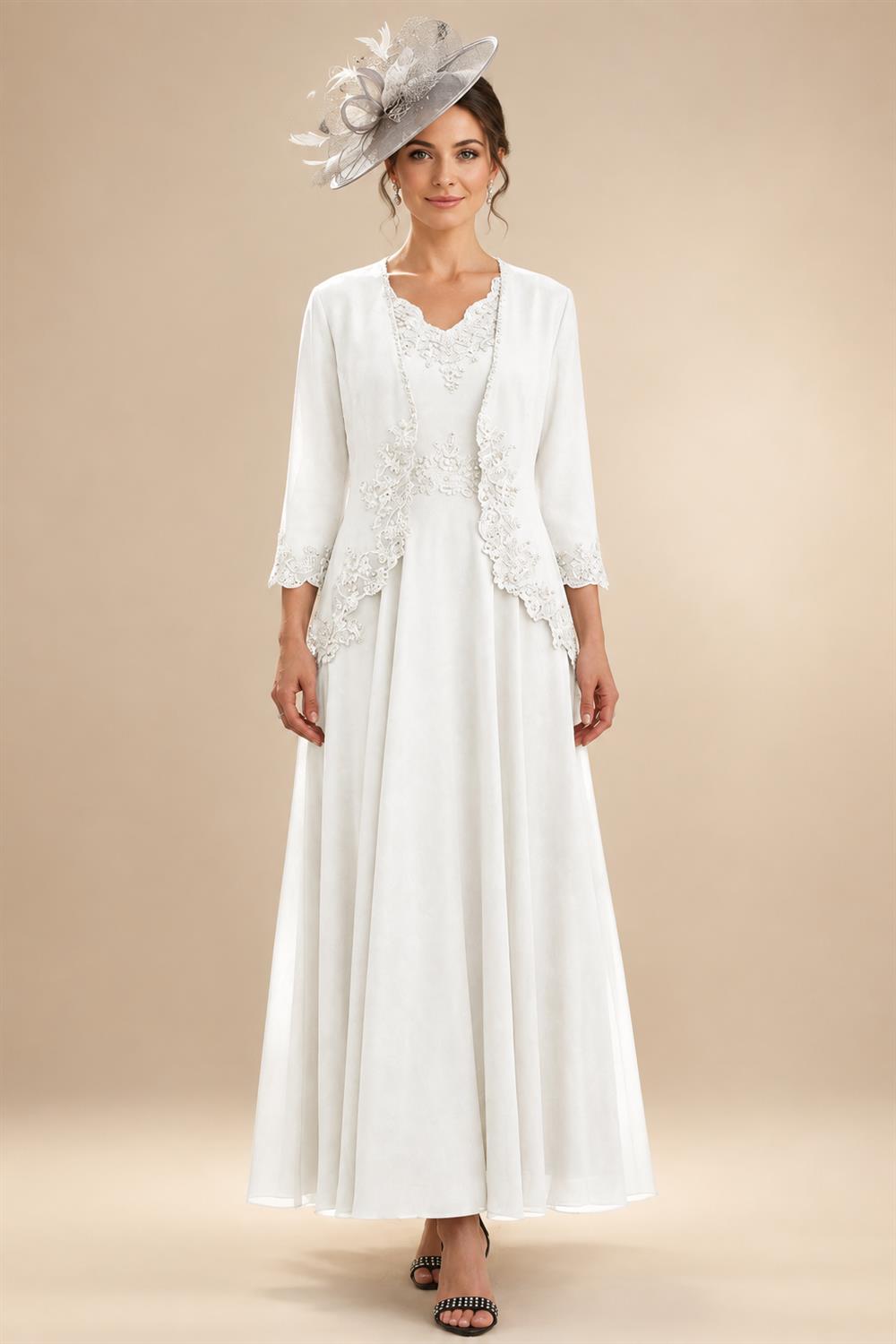 2-Piece A-Line Chiffon 3/4 Sleeves Mother of the Bride & Groom Dresses with Scalloped V-Neck Lace Bodice (SHI22500637)