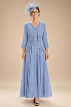 2-Piece A-Line Chiffon 3/4 Sleeves Mother of the Bride & Groom Dresses with Scalloped V-Neck Lace Bodice (SHI22500637)