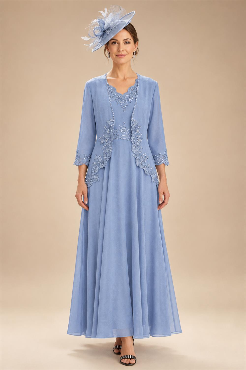 2-Piece A-Line Chiffon 3/4 Sleeves Mother of the Bride & Groom Dresses with Scalloped V-Neck Lace Bodice (SHI22500637)