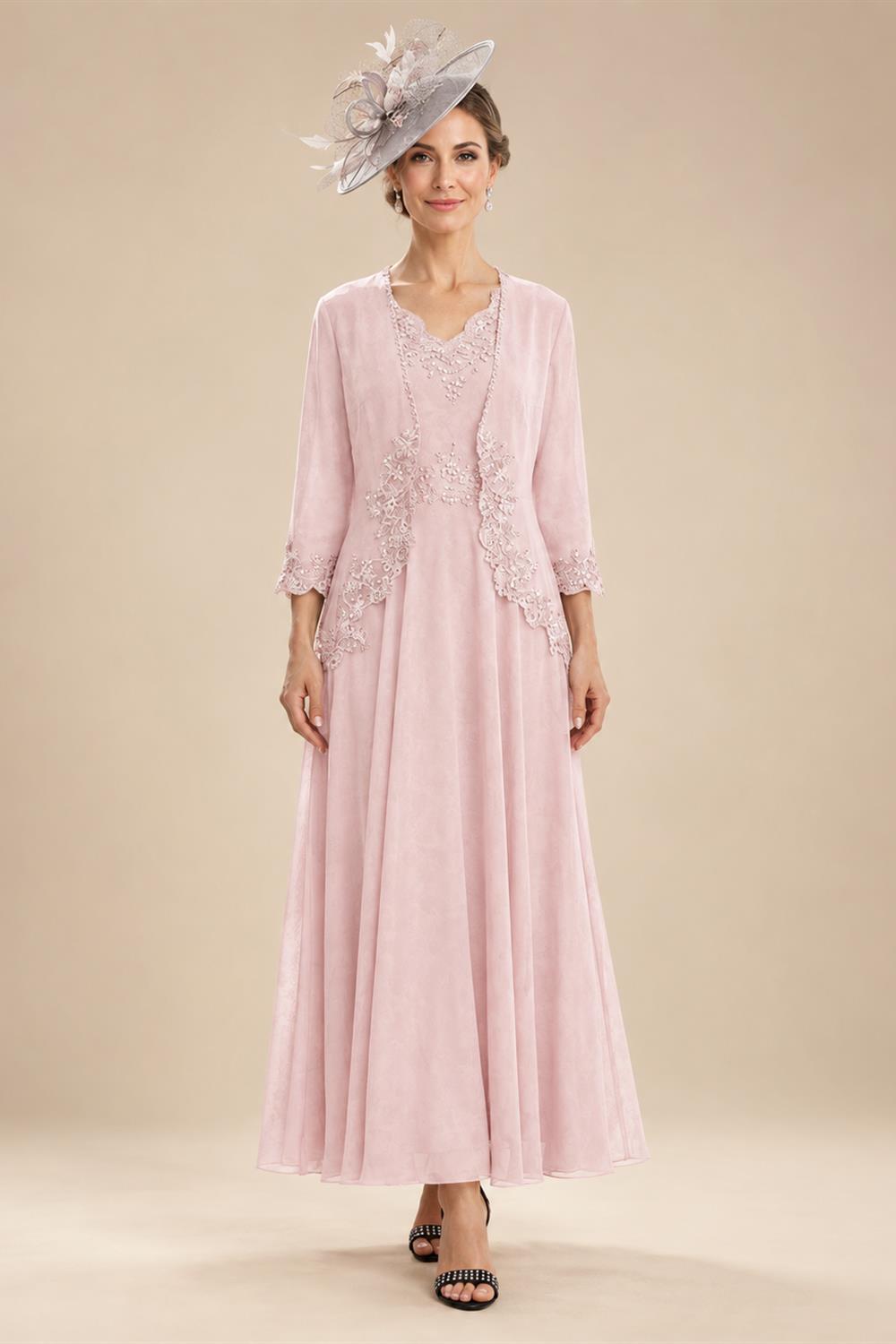 2-Piece A-Line Chiffon 3/4 Sleeves Mother of the Bride & Groom Dresses with Scalloped V-Neck Lace Bodice (SHI22500637)