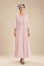2-Piece A-Line Chiffon 3/4 Sleeves Mother of the Bride & Groom Dresses with Scalloped V-Neck Lace Bodice (SHI22500637)