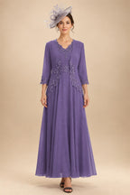 2-Piece A-Line Chiffon 3/4 Sleeves Mother of the Bride & Groom Dresses with Scalloped V-Neck Lace Bodice (SHI22500637)