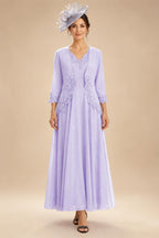 2-Piece A-Line Chiffon 3/4 Sleeves Mother of the Bride & Groom Dresses with Scalloped V-Neck Lace Bodice (SHI22500637)