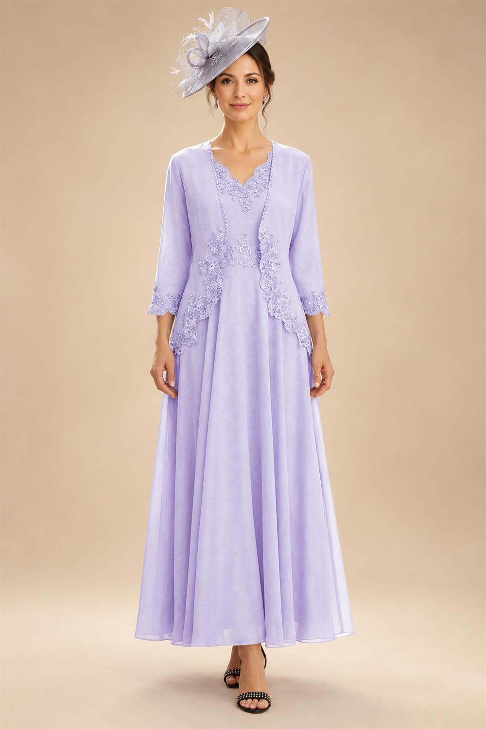 2-Piece A-Line Chiffon 3/4 Sleeves Mother of the Bride & Groom Dresses with Scalloped V-Neck Lace Bodice (SHI22500637)