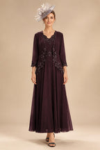 2-Piece A-Line Chiffon 3/4 Sleeves Mother of the Bride & Groom Dresses with Scalloped V-Neck Lace Bodice (SHI22500637)