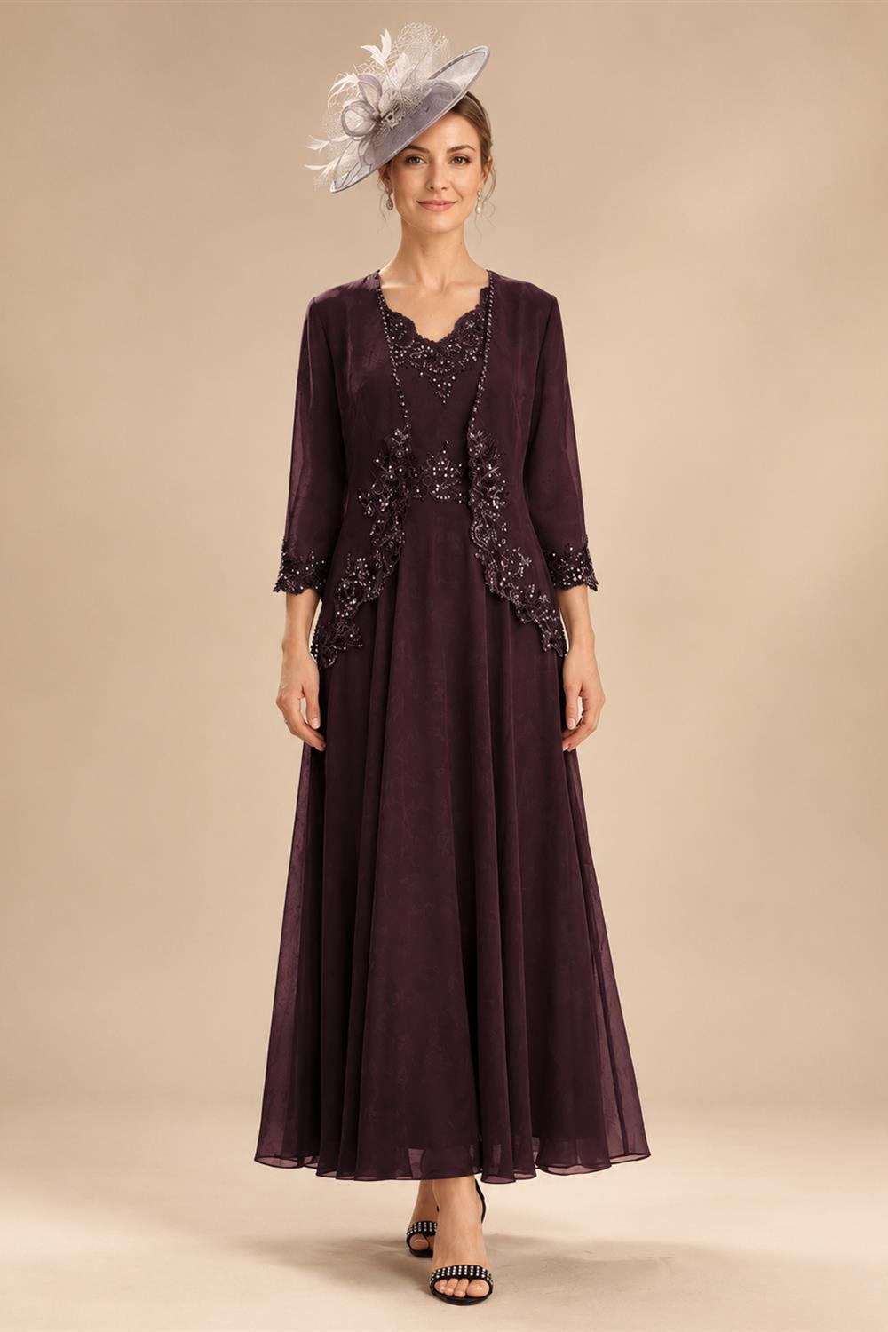 2-Piece A-Line Chiffon 3/4 Sleeves Mother of the Bride & Groom Dresses with Scalloped V-Neck Lace Bodice (SHI22500637)