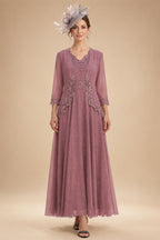 2-Piece A-Line Chiffon 3/4 Sleeves Mother of the Bride & Groom Dresses with Scalloped V-Neck Lace Bodice (SHI22500637)