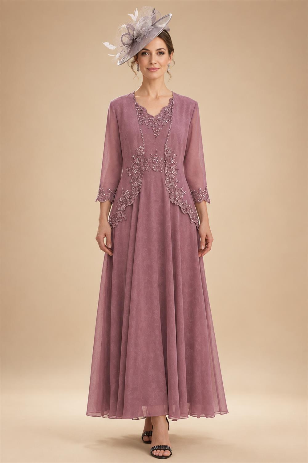 2-Piece A-Line Chiffon 3/4 Sleeves Mother of the Bride & Groom Dresses with Scalloped V-Neck Lace Bodice (SHI22500637)