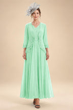 2-Piece A-Line Chiffon 3/4 Sleeves Mother of the Bride & Groom Dresses with Scalloped V-Neck Lace Bodice (SHI22500637)