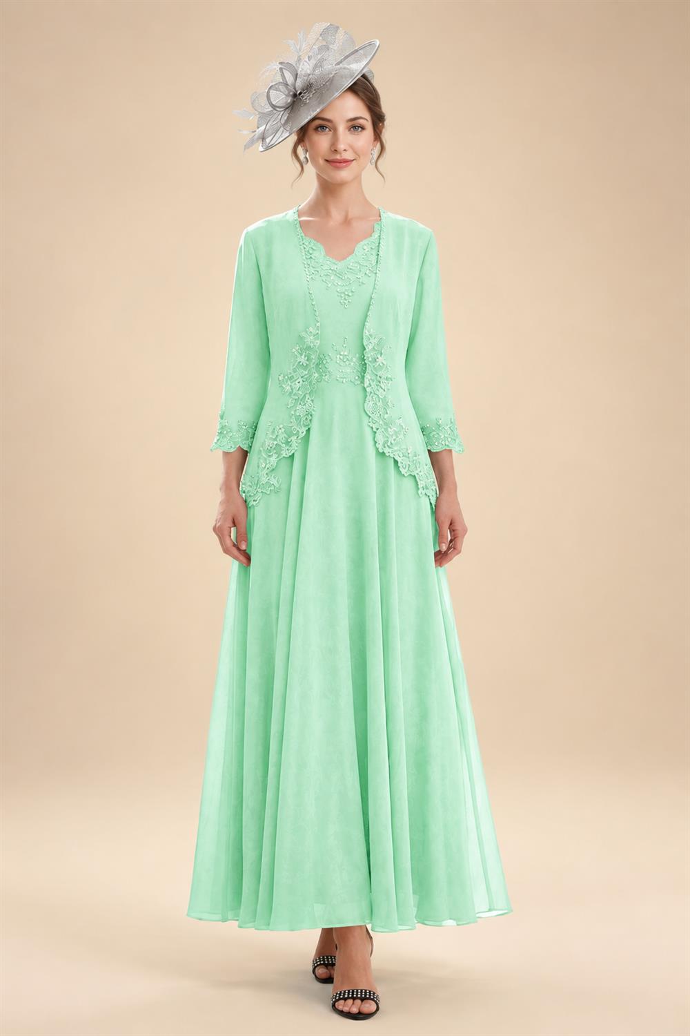 2-Piece A-Line Chiffon 3/4 Sleeves Mother of the Bride & Groom Dresses with Scalloped V-Neck Lace Bodice (SHI22500637)