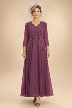 2-Piece A-Line Chiffon 3/4 Sleeves Mother of the Bride & Groom Dresses with Scalloped V-Neck Lace Bodice (SHI22500637)