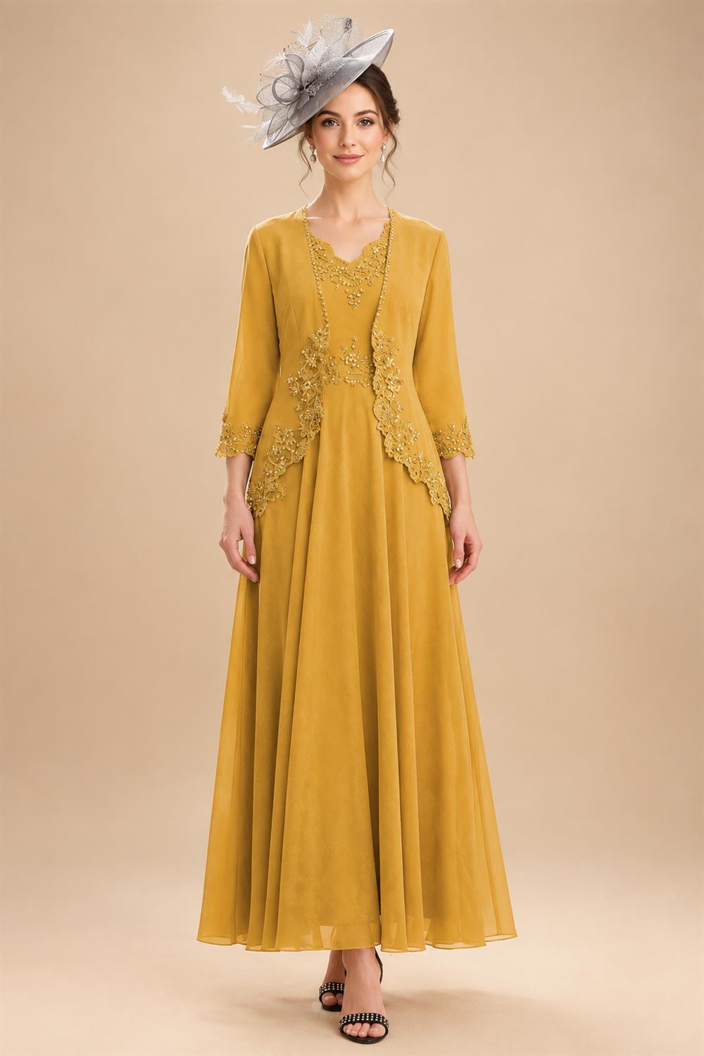 2-Piece A-Line Chiffon 3/4 Sleeves Mother of the Bride & Groom Dresses with Scalloped V-Neck Lace Bodice (SHI22500637)