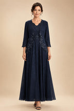 2-Piece A-Line Chiffon 3/4 Sleeves Mother of the Bride & Groom Dresses with Scalloped V-Neck Lace Bodice (SHI22500637)